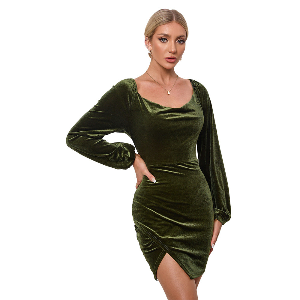 Damen Samtiges Wickel-Minikleid mit Wasserfall-Cowl, Ballonärmeln und asymmetrischer Raffung Nord Taschen