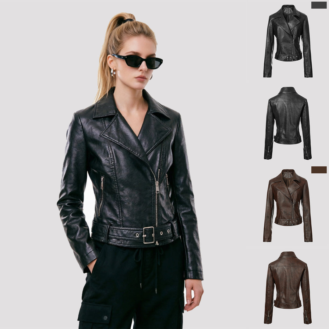 Damen Kurz geschnittene taillierte Leder-Bikerjacke mit Taillengürtel und asymmetrischem Reißverschluss Nord Taschen