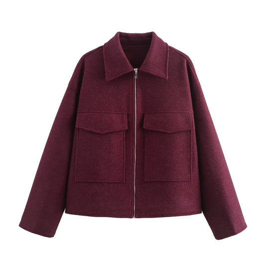 Damen Kurzjacke aus Wollmix mit großen Pattentaschen und durchgehendem Reißverschluss Nord Taschen