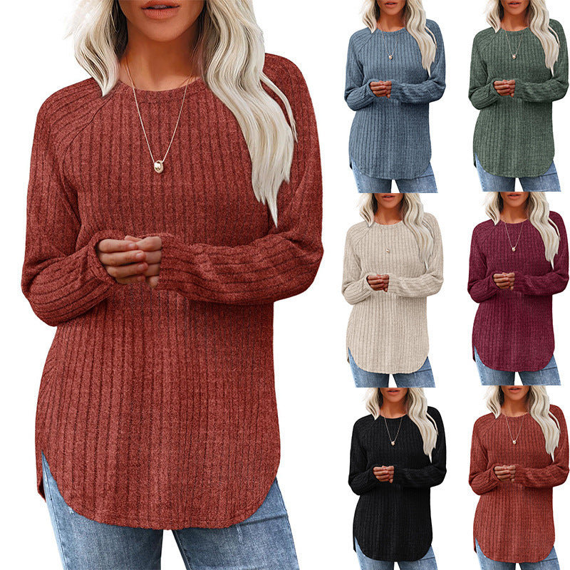Damen gerippter Strickpullover mit Rundhalsausschnitt Oversize-Passform und Seitenschlitzen Nord Taschen