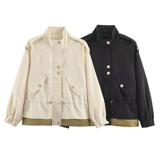 Damen leichte Utility-Jacke mit Tunnelzug-Taillenraffung, Stehkragen und Pattentaschen Nord Taschen