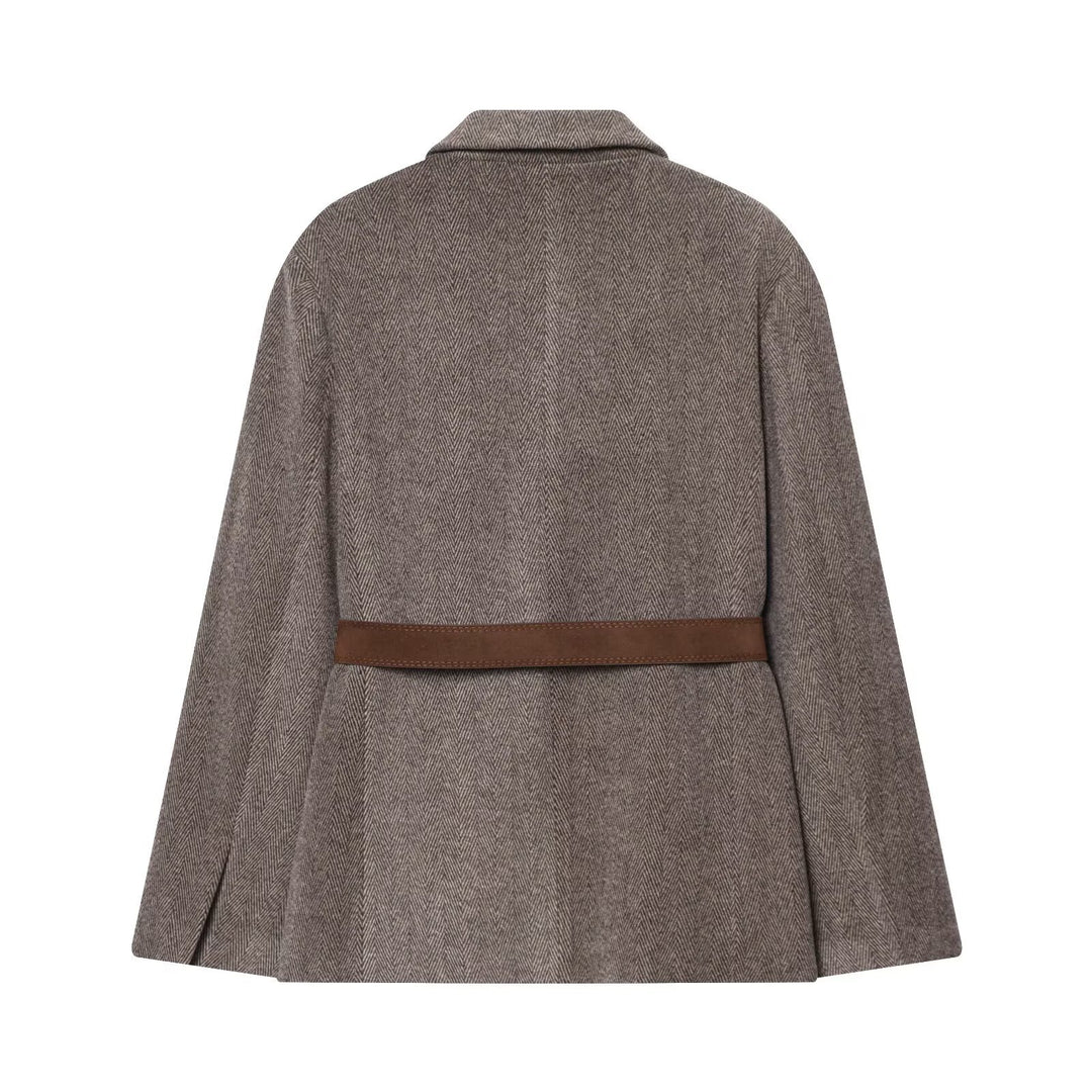 Damen Taillierter Herringbone-Blazer‑Mantel mit Bindegürtel Nord Taschen