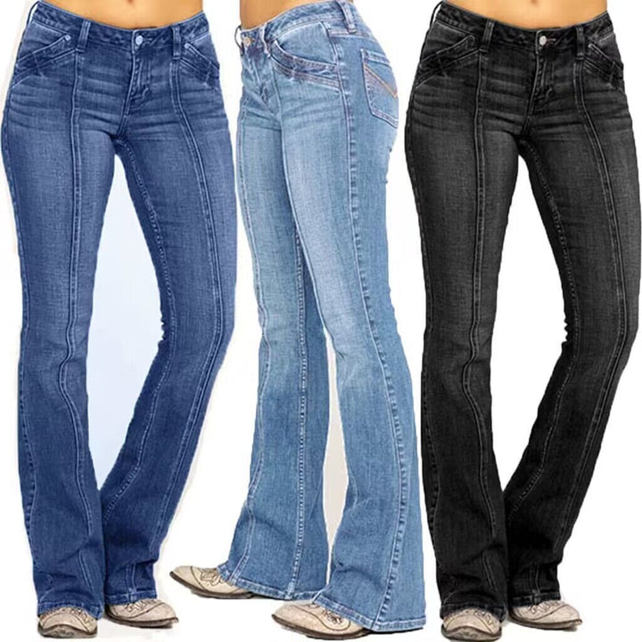 Damen weite Schlagjeans mit hochgeschnittener Taille, figurbetontem Hüftschnitt und elastischem Denim Nord Taschen