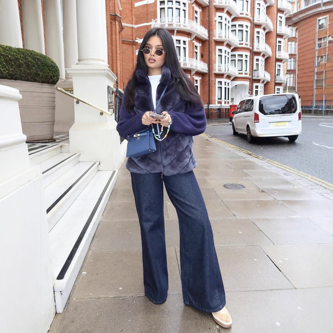 Damen 100+ kurze Kunstfell‑Weste mit gestreifter Pelzoptik, integrierten Rippstrickärmeln und Stehkragen Nord Taschen