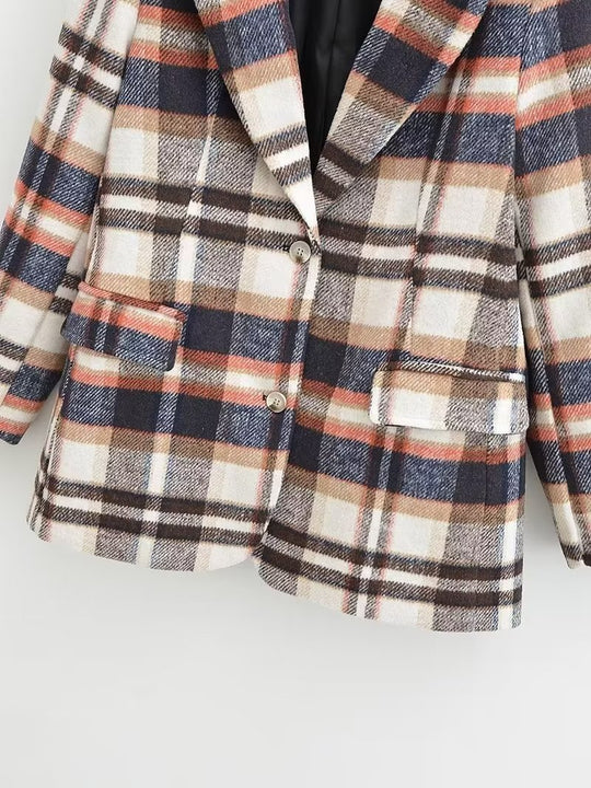 Damen Karierter Wollmix-Einreiher Blazer mit Reverskragen und Pattentaschen Nord Taschen