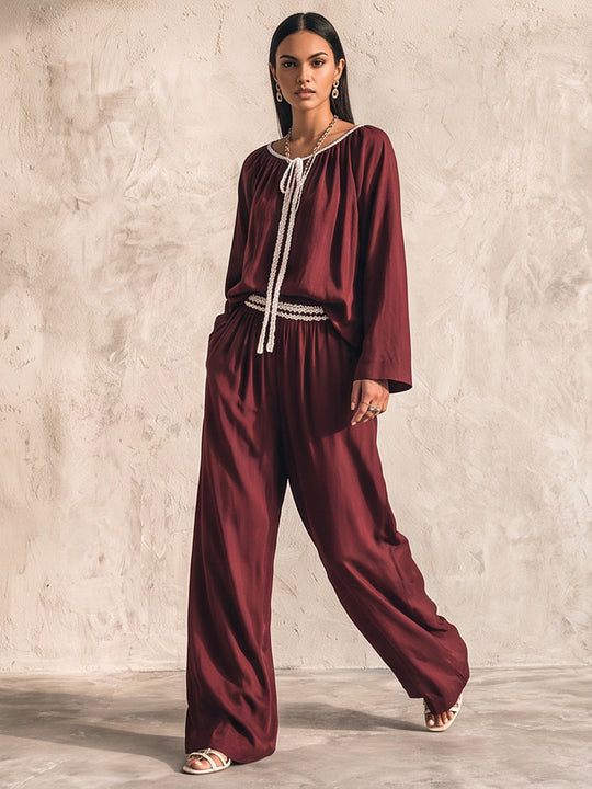 Damen Fließendes zweiteiliges Loungewear-Set aus Seidenoptik mit weiter Palazzohose und geraffter Tunika Nord Taschen