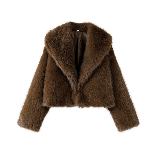 Damen Kurze Voluminöse Hochflor-Faux-Fur-Bolerojacke mit Boxy-Silhouette Nord Taschen