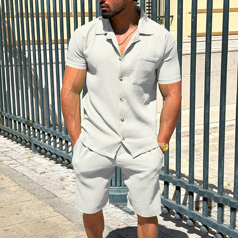 Herren nan lässiges zweiteiliges Freizeitset aus geripptem Jersey mit Hemdkragen Knopfleiste und Shorts