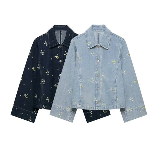 Damen Jeansjacke mit floraler Stickerei und kastiger Silhouette Nord Taschen