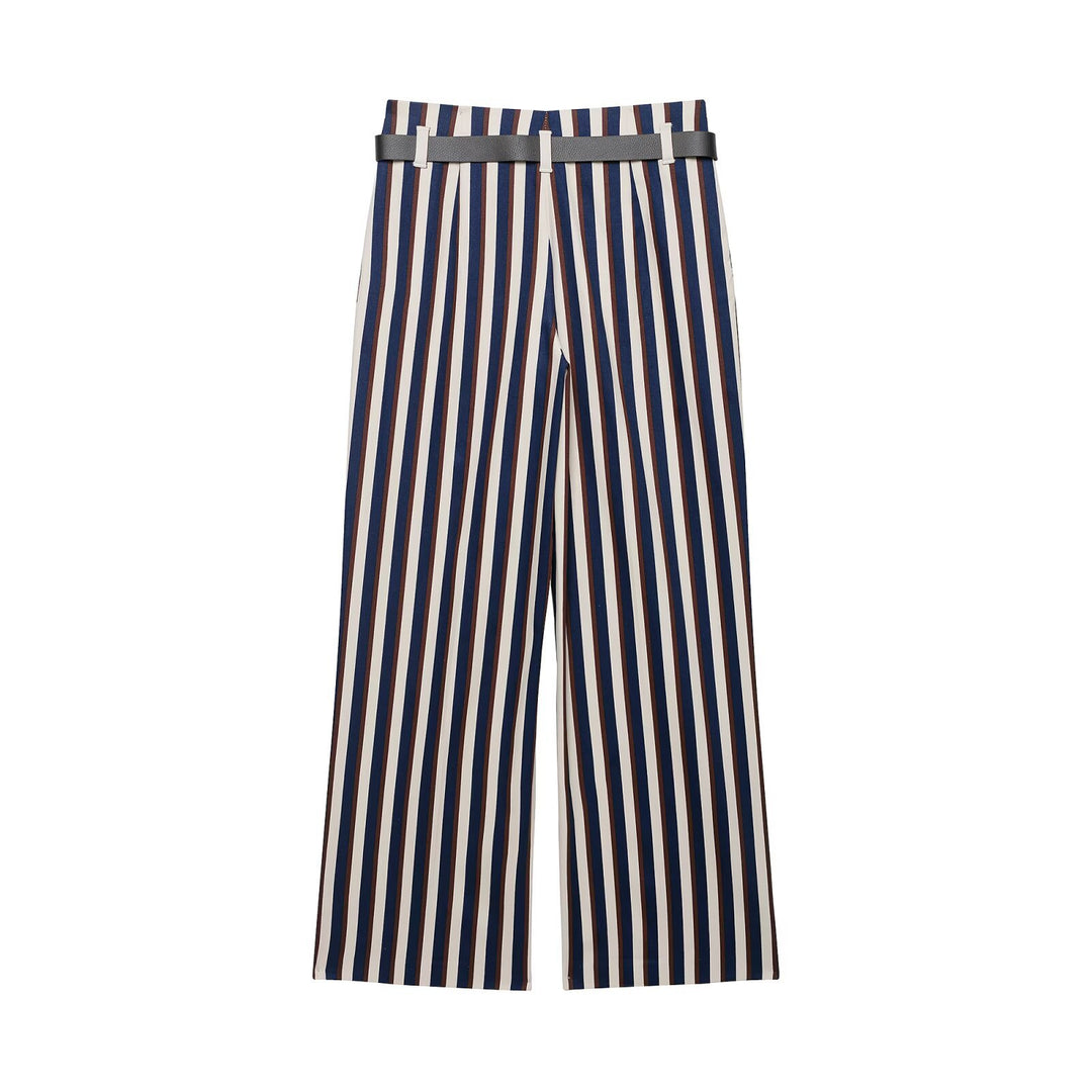 Damen Weite High‑Waist Culotte‑Hose mit verticalem Streifenmuster und Ziergürtel Nord Taschen