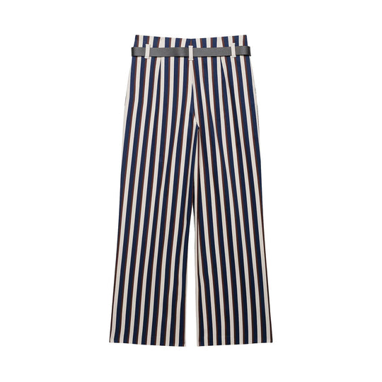 Damen Weite High‑Waist Culotte‑Hose mit verticalem Streifenmuster und Ziergürtel Nord Taschen