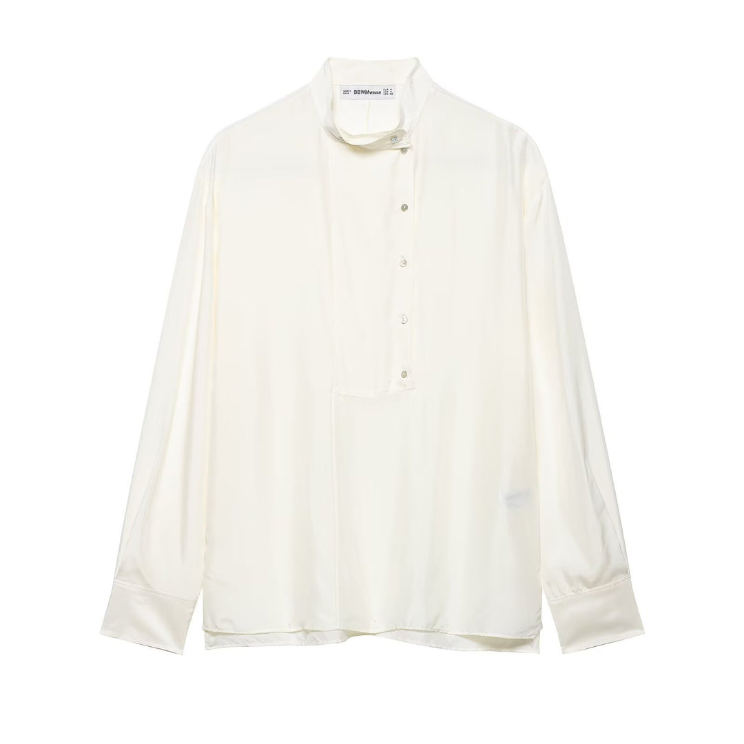 Damen Oversize-Seidenbluse mit Stehkragen und verdeckter Knopfleiste Nord Taschen