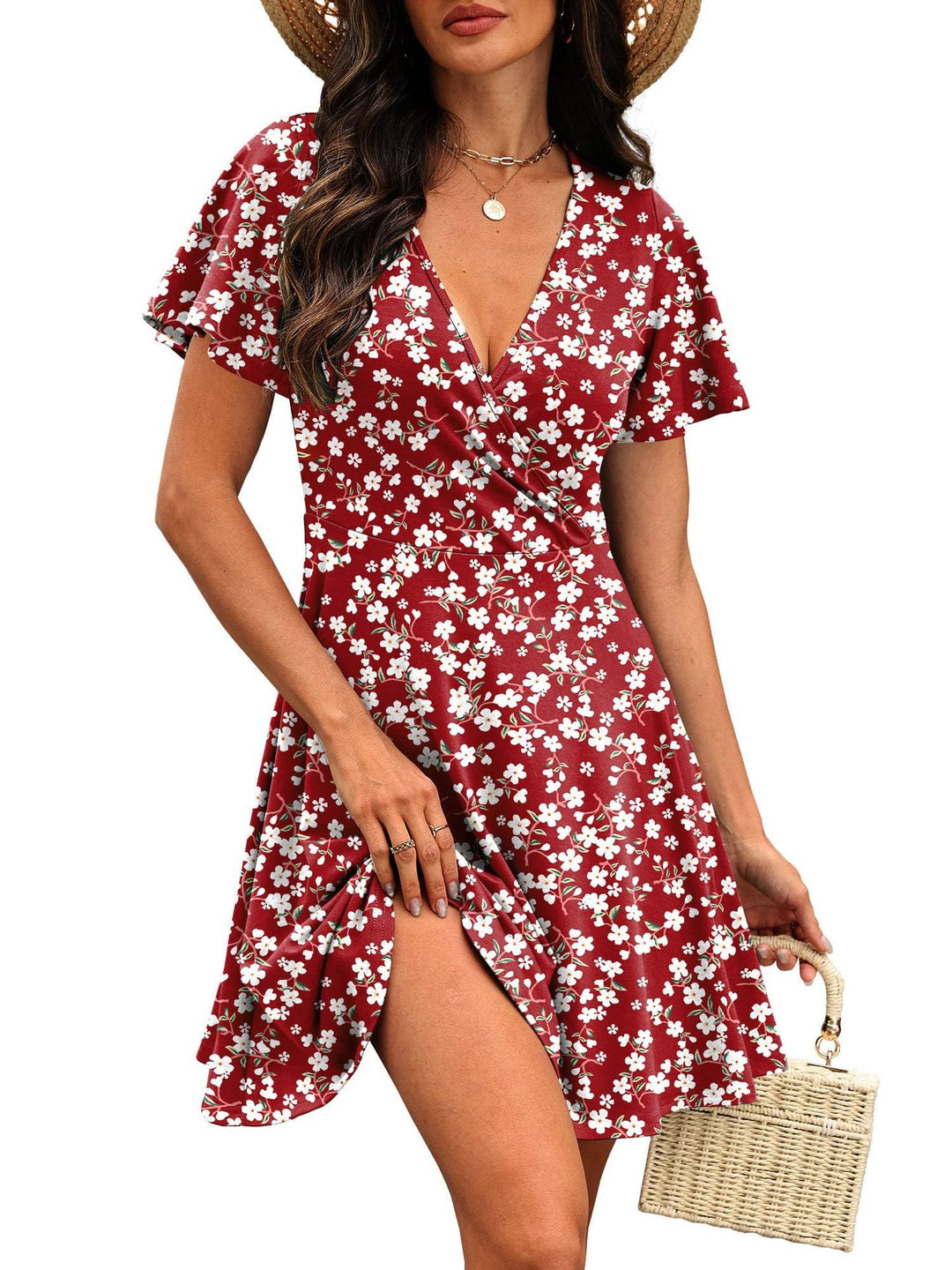 Damen Kurzärmeliges Wickelkleid mit floralen Mustern und V-Ausschnitt