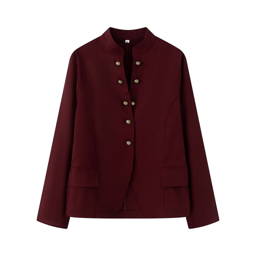Damen Elegante Kurzjacke mit Stehkragen, Zierriegelknöpfen und Pattentaschen Nord Taschen