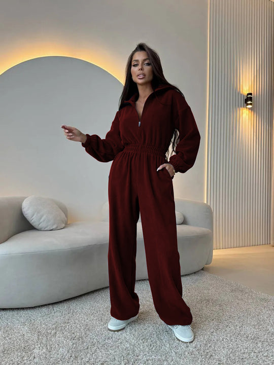 Damen eleganter Lounge-Overall mit elastischer Taillenpartie, Stehkragen, Reißverschluss und weitem Bein Nord Taschen