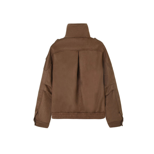 Damen Kurze Wildlederoptik Bomberjacke mit hohem Stehkragen, Schulterklappen und Taillengürtel Nord Taschen