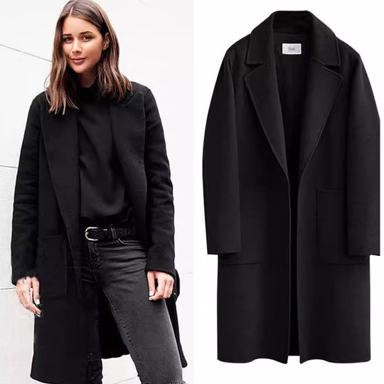 Damen Longline Wollmix-Mantel mit Oversize-Revers und aufgesetzten Taschen Nord Taschen