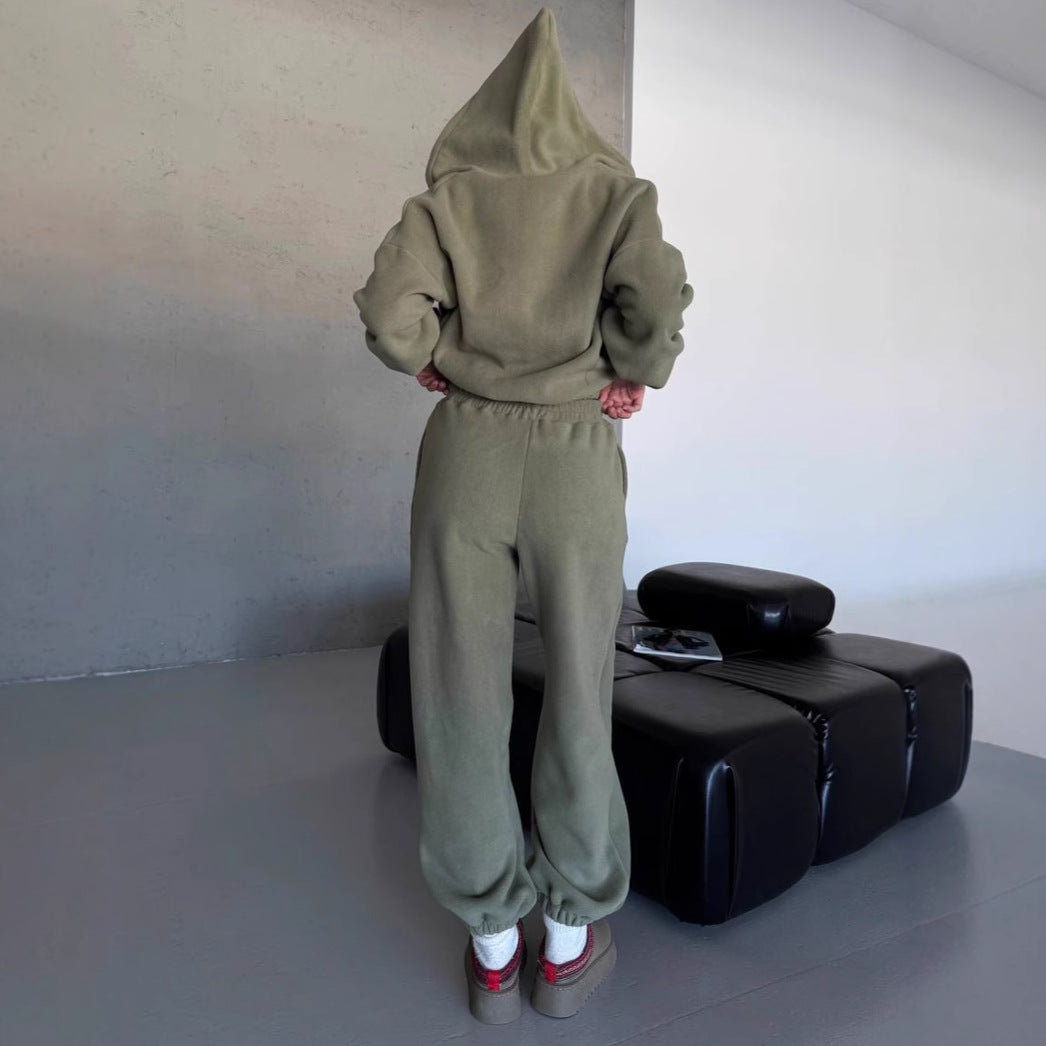 Damen kuscheliges Fleece-Hoodie und Jogginghose Lounge-Set mit Reißverschluss Kapuze elastischem Bund Nord Taschen
