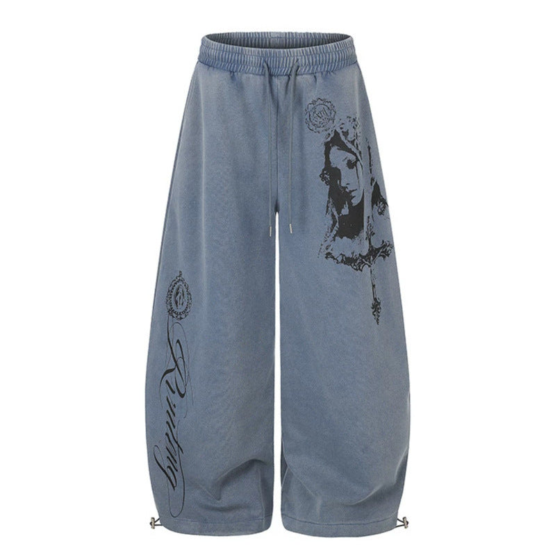 Damen Extraweite Palazzo‑Haremshose aus Sweat mit hohem Komfortbund, Tunnelzug und großflächigem Grafikprint Nord Taschen