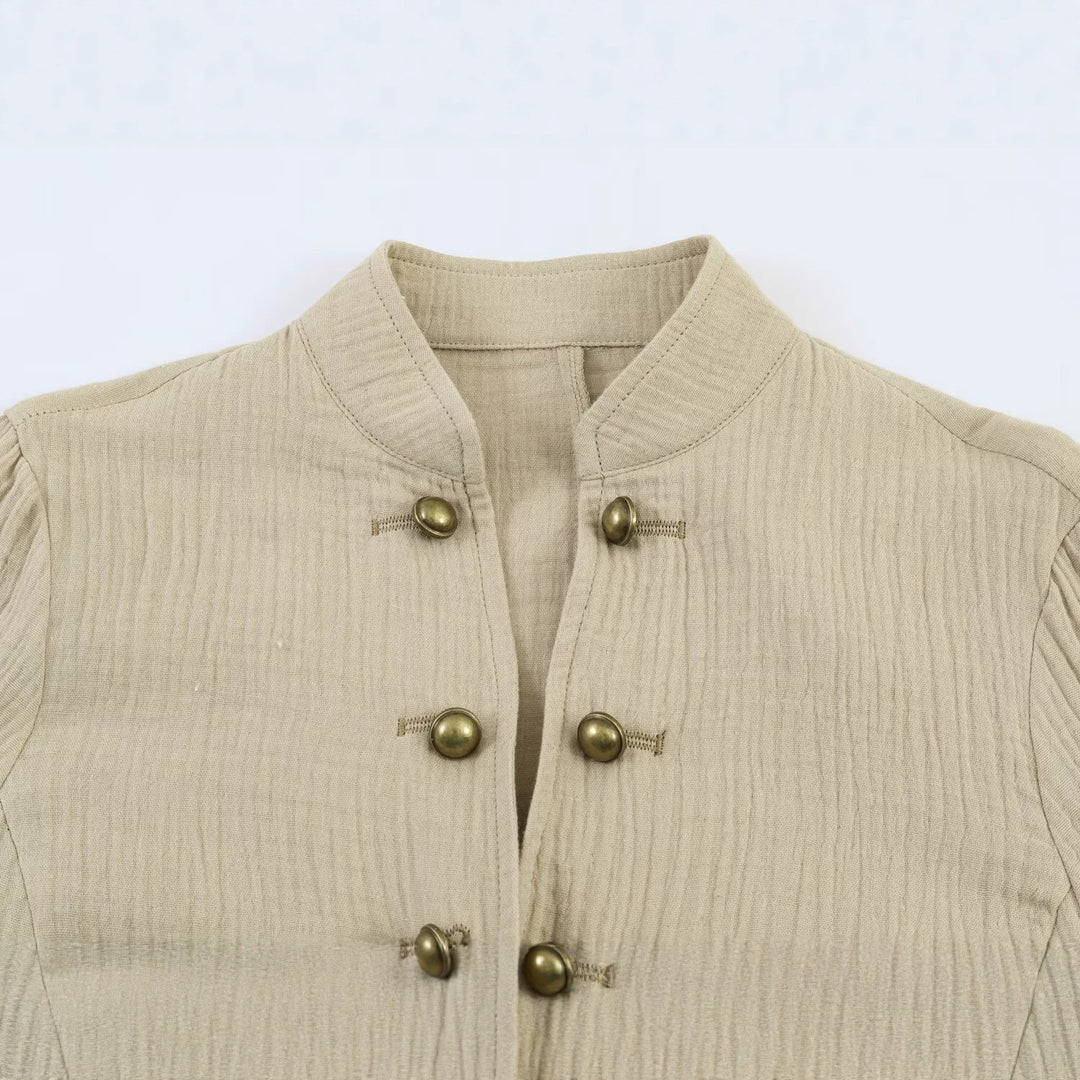 Damen Leichte strukturierte Baumwolljacke mit Stehkragen und Zierknöpfen Nord Taschen