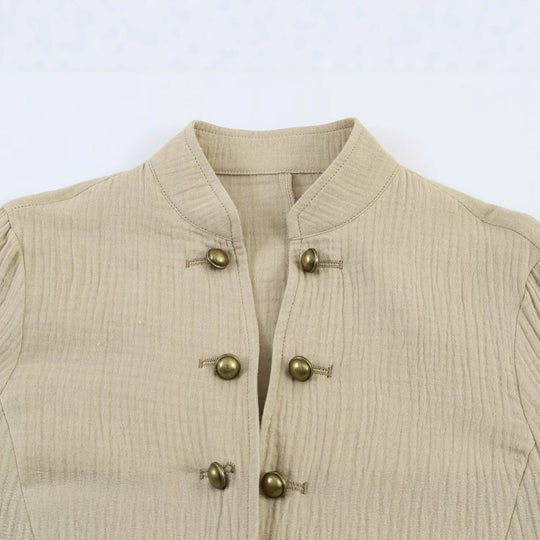 Damen Leichte strukturierte Baumwolljacke mit Stehkragen und Zierknöpfen Nord Taschen