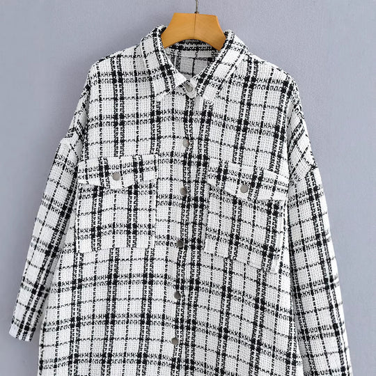 Damen Oversized Tweed-Hemdjacke mit Brusttaschen und fransigem Saum Nord Taschen