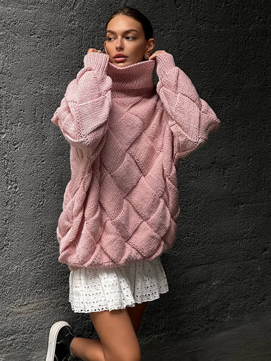Damen Oversize Strickpullover mit Rollkragen, Zopfmuster und voluminösen Ballonärmeln Nord Taschen