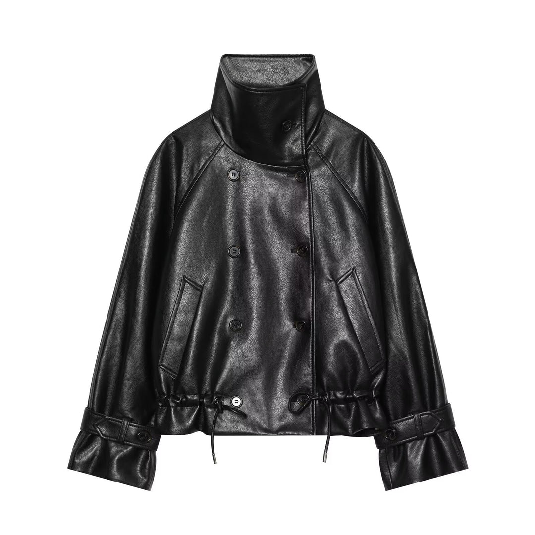 Damen Kurze Lederimitat-Jacke mit hohem Stehkragen, Doppelreihe und Kordelzugbund Nord Taschen