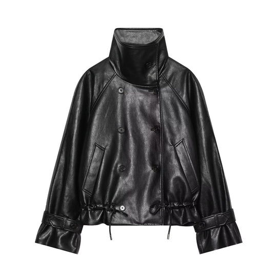 Damen Kurze Lederimitat-Jacke mit hohem Stehkragen, Doppelreihe und Kordelzugbund Nord Taschen