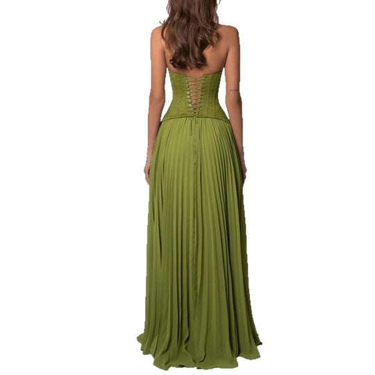 Damen nan Neckholder-Korsettkleid mit Spitzen-Corsage und fließendem Plisseerock