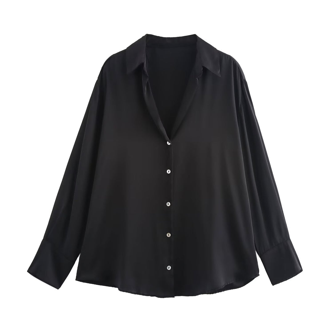 Damen Oversized Satinbluse mit Hemdkragen und breiten Manschetten Nord Taschen