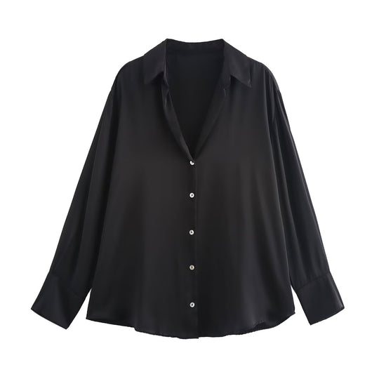 Damen Oversized Satinbluse mit Hemdkragen und breiten Manschetten Nord Taschen