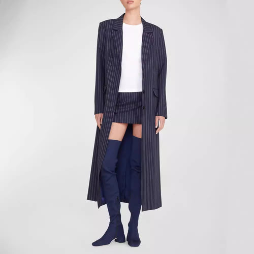 Damen Oversize Longline-Mantel im Nadelstreifen-Look mit Schlitz und Pattentaschen Nord Taschen