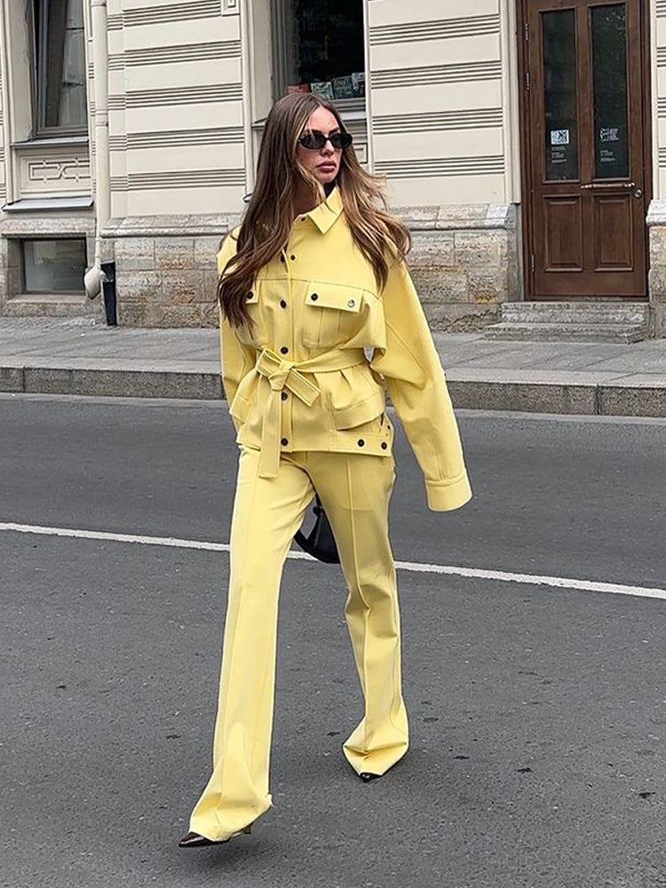Damen Utility-Blazer mit Bindegürtel und hochtaillierter Bundhose Nord Taschen