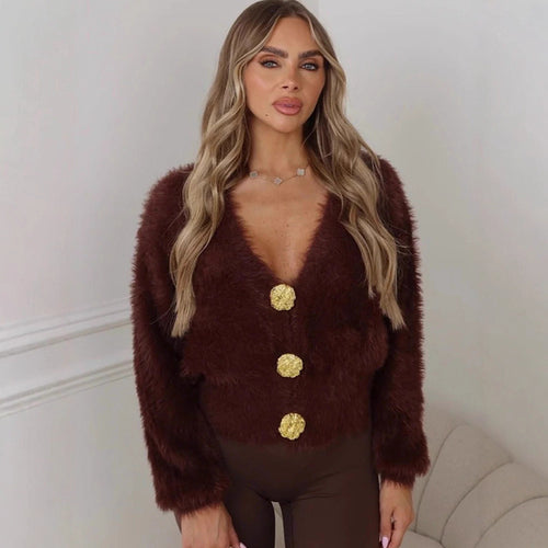 Damen Flauschige Kurzjacke mit V-Ausschnitt und metallischen Zierknöpfen Nord Taschen