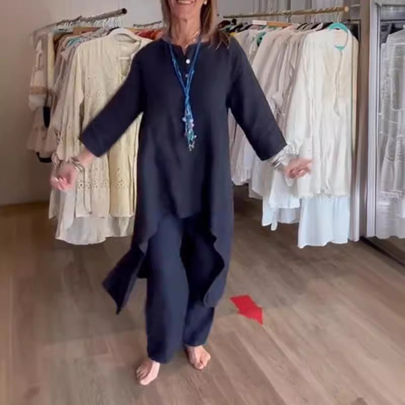 Damen Midilanges Leinen-Tunika-Set mit asymmetrischem Saum und weiter Palazzo-Hose Nord Taschen