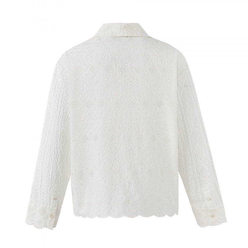Damen Broderie-Anglaise-Hemdjacke im Boxy-Schnitt mit Hemdkragen und Knopfleiste Nord Taschen