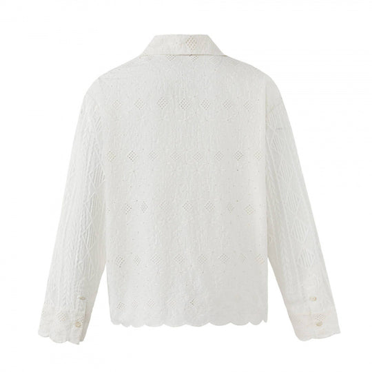 Damen Broderie-Anglaise-Hemdjacke im Boxy-Schnitt mit Hemdkragen und Knopfleiste Nord Taschen