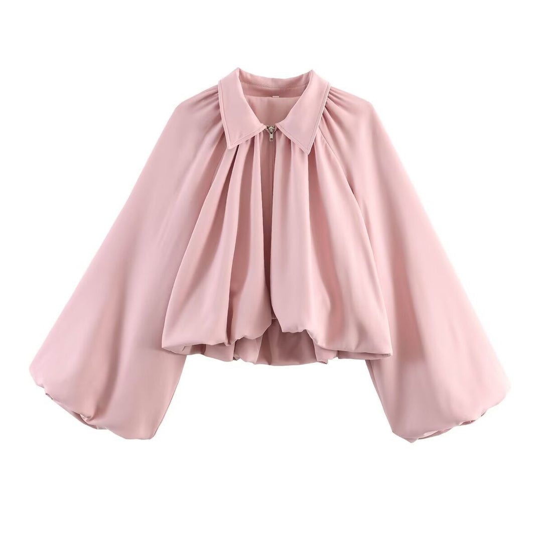 Damen Cropped-Blusenjacke mit Hemdkragen, geraffter Passe und weitem Volumenärmel Nord Taschen