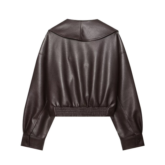 Damen Kurzer Kunstlederblouson mit weitem Schalkragen und Taillenriegel Nord Taschen