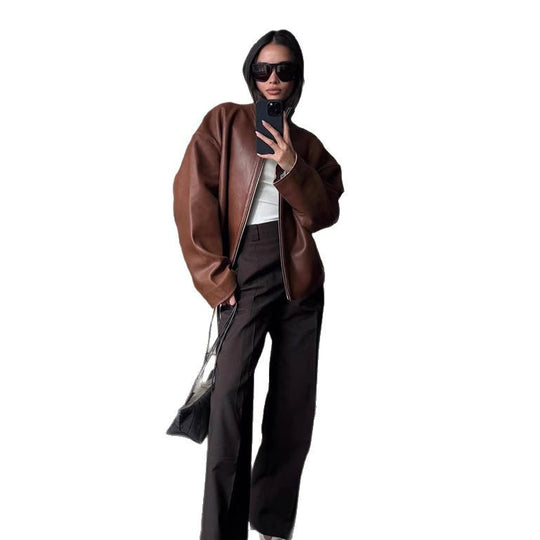 Damen Oversized Lederblouson mit soften Teddy-Innenfutter und Verdeckt-Reißverschluss Nord Taschen