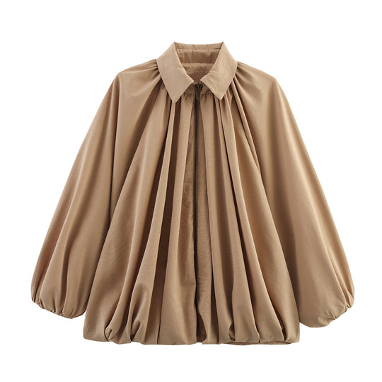 Damen Weite geraffte Blusenjacke mit Reißverschluss und Ballonärmeln Nord Taschen