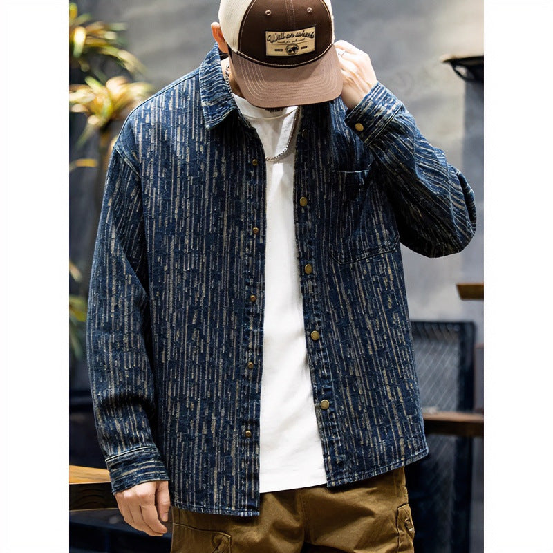 Herren Denim-Overshirt mit vertikaler Strukturprägung und Druckknopfleiste Nord Taschen