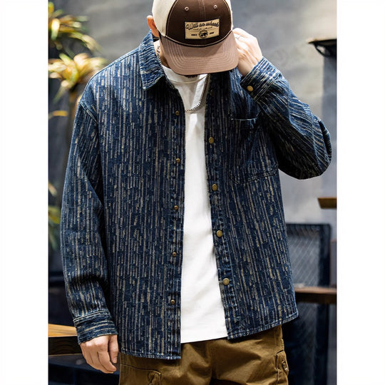 Herren Denim-Overshirt mit vertikaler Strukturprägung und Druckknopfleiste Nord Taschen