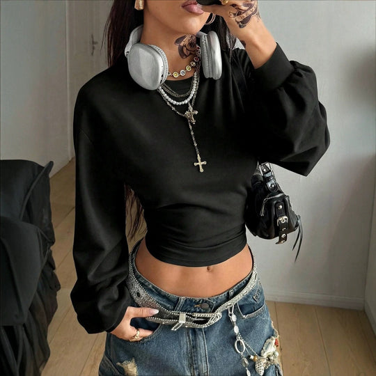 Damen Cropped Sweatshirt mit Taillenraffung und weiten Raglanärmeln Nord Taschen