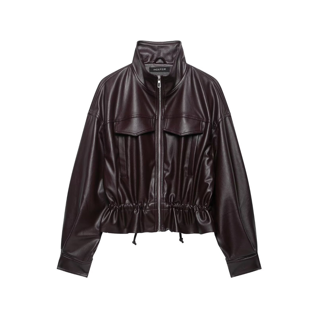 Damen Oversize Kunstleder-Bomberjacke mit Funnelkragen, Tunnelzug-Taille und Pattentaschen Nord Taschen