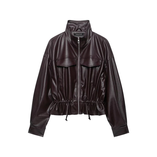 Damen Oversize Kunstleder-Bomberjacke mit Funnelkragen, Tunnelzug-Taille und Pattentaschen Nord Taschen
