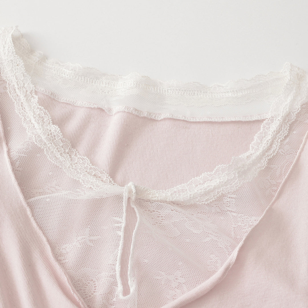 Damen Langarm-Feinjersey-Top mit Spitzen-Einsatz, Knotenfront und Raffung Nord Taschen