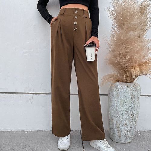 Damen Hochtaillierte weite Stoffhose mit Zierknopfleiste und Bundfalten Nord Taschen