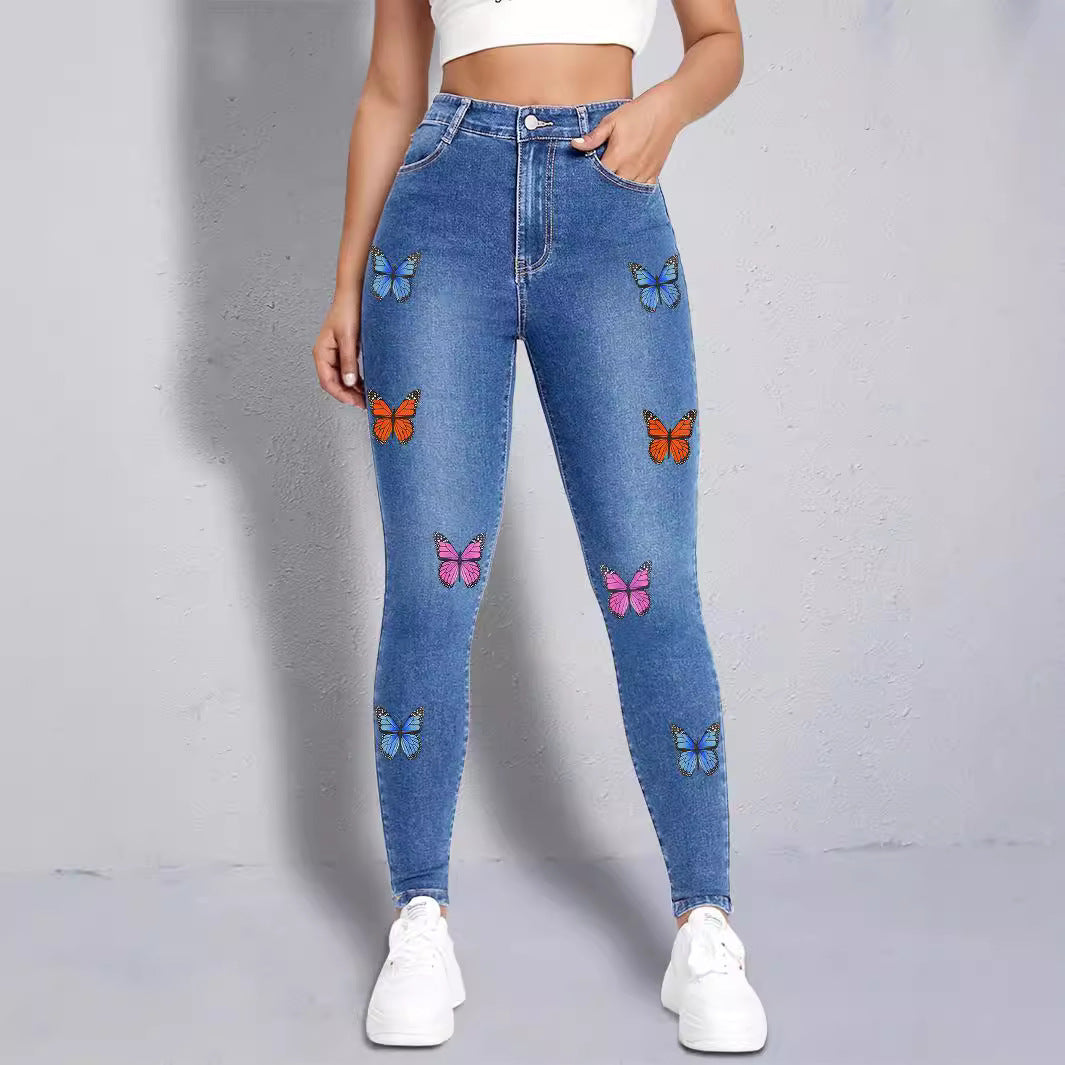 Damen enganliegende High‑Waist Jeansleggings mit buntem Schmetterling-Print Nord Taschen